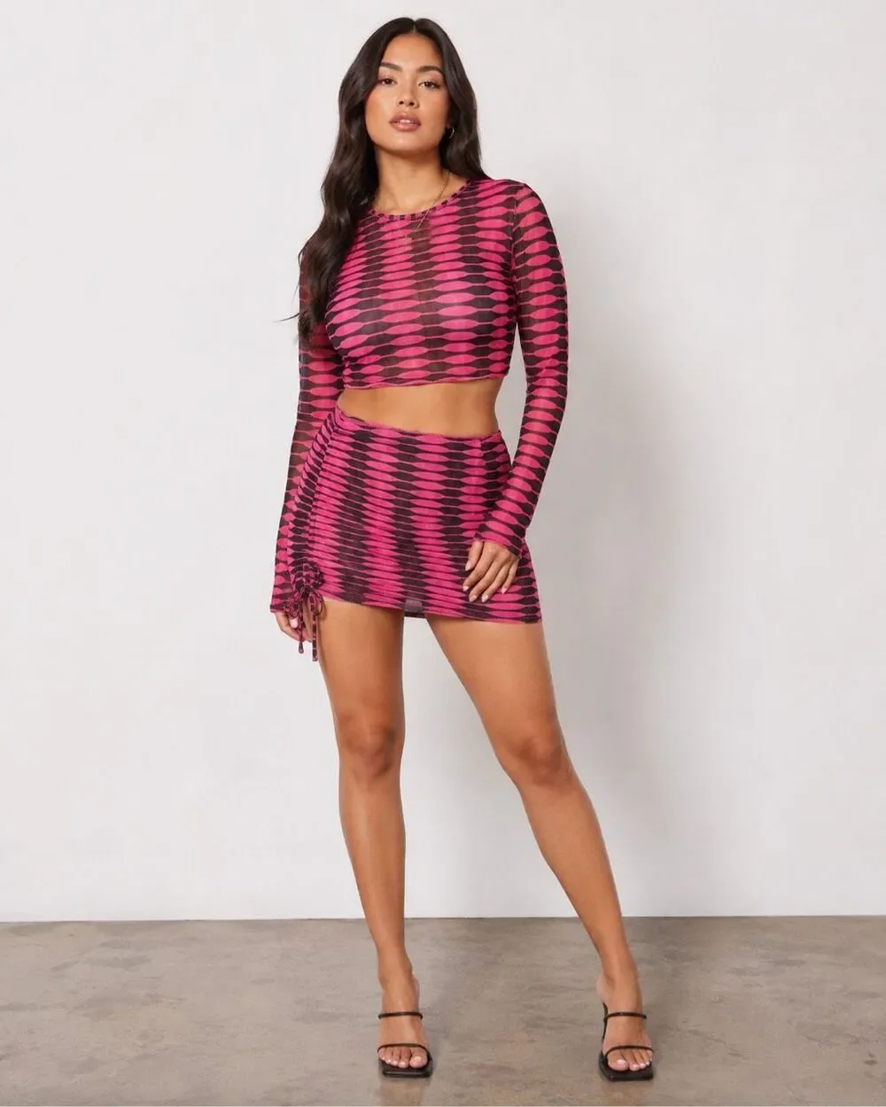 Edikted Pink Black Zebra Mesh 2 Piece Set Crop Top Ruched Mini Skirt Size M Y2K